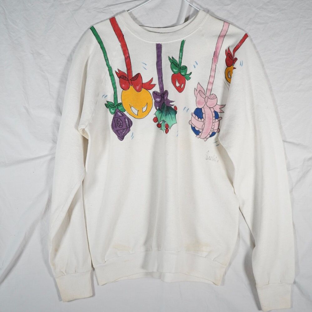 Vintage Hand Drawn Ugly Christmas Crewneck Sweatshirt White XL Made in USA